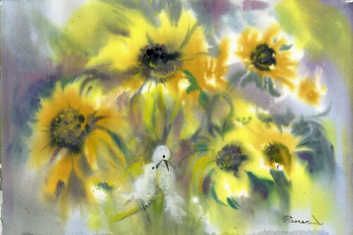 The yellow flowers and white birds. von Alla Prisacar, Malerei kaufen auf Singulart