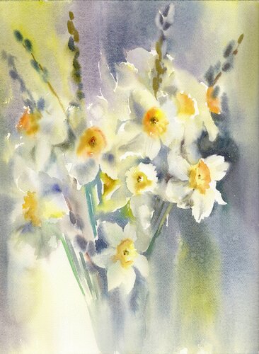 Autumn daffodils and willow branches by Alla Prisacar, Painting for Sale on Singulart