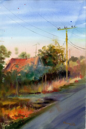 Watercolor sunset in the village di Alla Prisacar, Opera su carta in vendita su Singulart