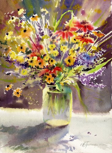 The  bouquet of wild flowers. von Alla Prisacar, Malerei kaufen auf Singulart