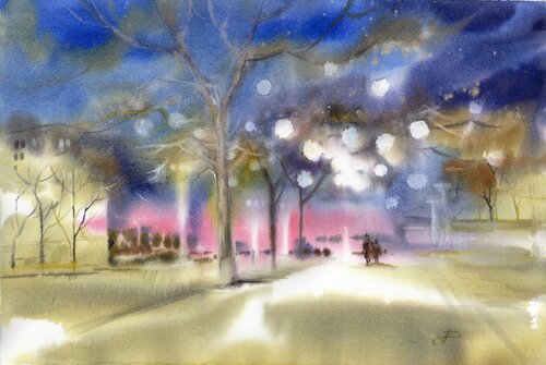 Evening in the city. de Alla Prisacar, Obra en papel a la venta en Singulart
