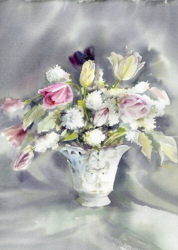 A lush bouquet of lilacs and tulips van Alla Prisacar, Schilderij te koop op Singulart