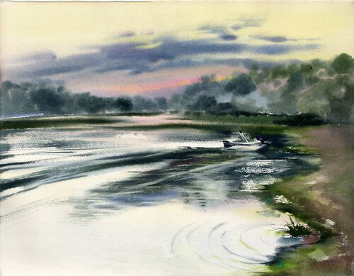 Evening on the river. di Alla Prisacar, Opera su carta in vendita su Singulart