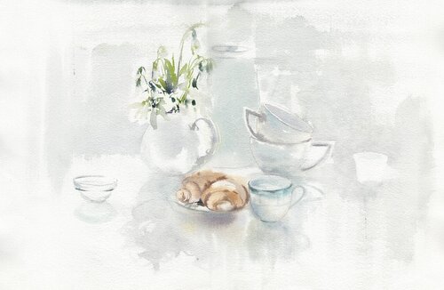 Snowdrops , morning and croissants. de Alla Prisacar, Pintura a la venta en Singulart