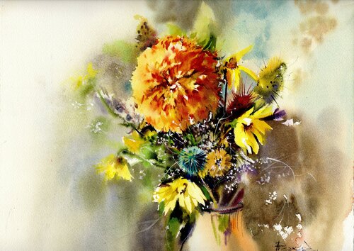 Sunflowers in Watercolor de Alla Prisacar, Pintura a la venta en Singulart
