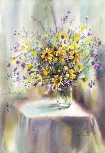 Summer bouquet of wildflowers. di Alla Prisacar, Pittura in vendita su Singulart
