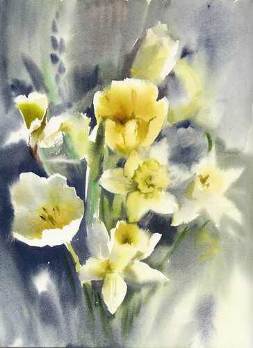 The  bouquet with tulips and daffodils. by Alla Prisacar, Painting for Sale on Singulart