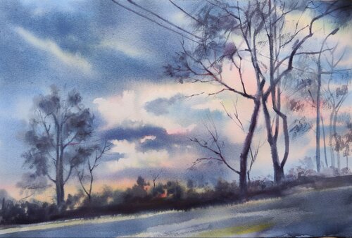 Pink and blue clouds. di Alla Prisacar, Pittura in vendita su Singulart