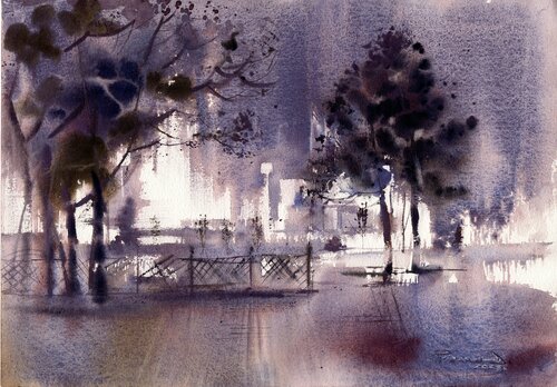 Evening city. by Alla Prisacar, Work on Paper for Sale on Singulart