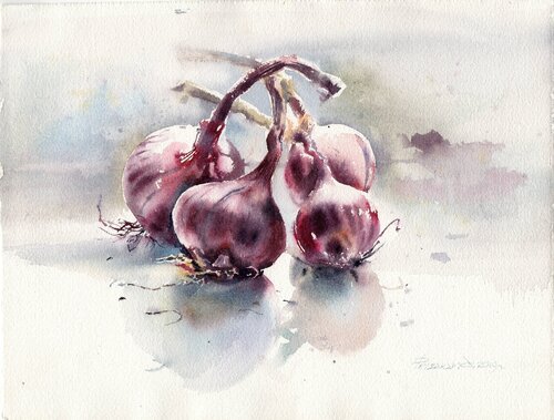 Still life with  purple onions. di Alla Prisacar, Pittura in vendita su Singulart