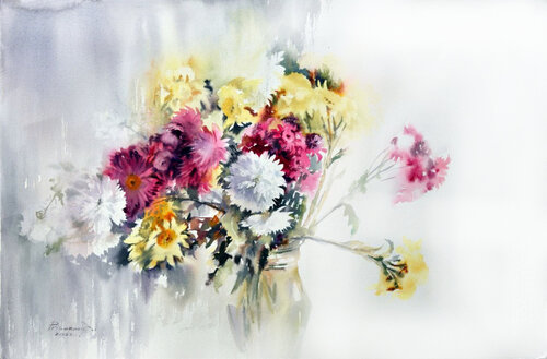 Autumn chrysanthemums in the rain by Alla Prisacar, 油畫 for Sale on Singulart
