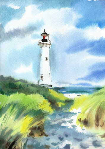 Watercolor with lighthouse von Alla Prisacar, Malerei kaufen auf Singulart