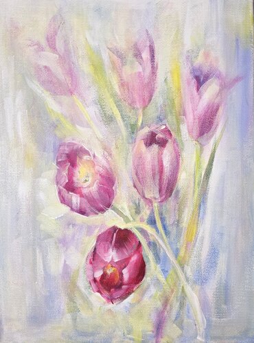 Tender spring tulips van Alla Prisacar, Schilderij te koop op Singulart