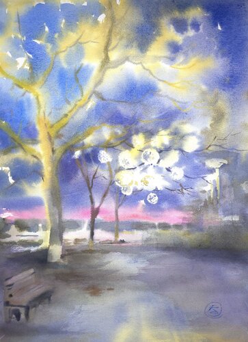 City Lanterns . Watercolor van Alla Prisacar, Werk op papier te koop op Singulart