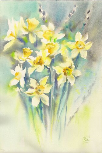 Mint and lemon narcissuses de Alla Prisacar, Pintura a la venta en Singulart