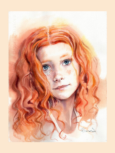 Tender girl .Watercolor portrait. van Alla Prisacar, Schilderij te koop op Singulart
