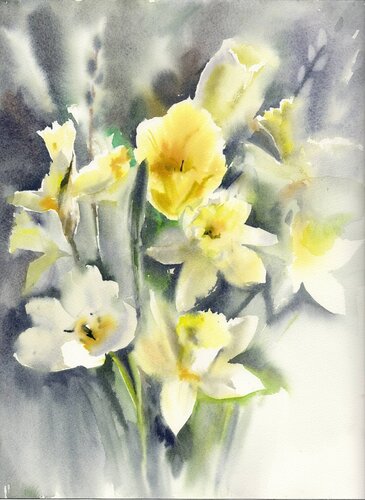 Spring in yellow and white de Alla Prisacar, Obra en papel a la venta en Singulart