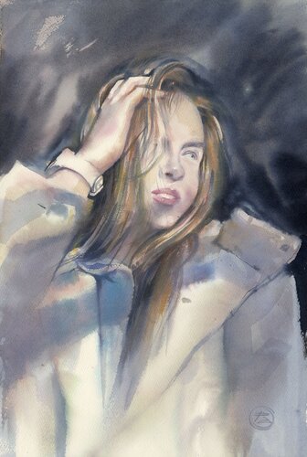 The great mood. Watercolor portrait. di Alla Prisacar, Pittura in vendita su Singulart