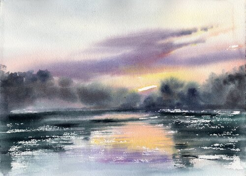 The Sunset on the river. Watercolor painting. by Alla Prisacar, Work on Paper for Sale on Singulart