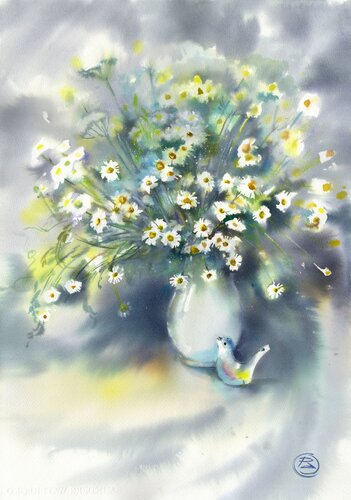 The soul of flowers and birds. Watercolor  Painting van Alla Prisacar, Schilderij te koop op Singulart