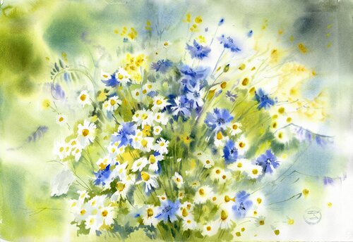 "Chamomile and cornflowers." von Alla Prisacar, Malerei kaufen auf Singulart