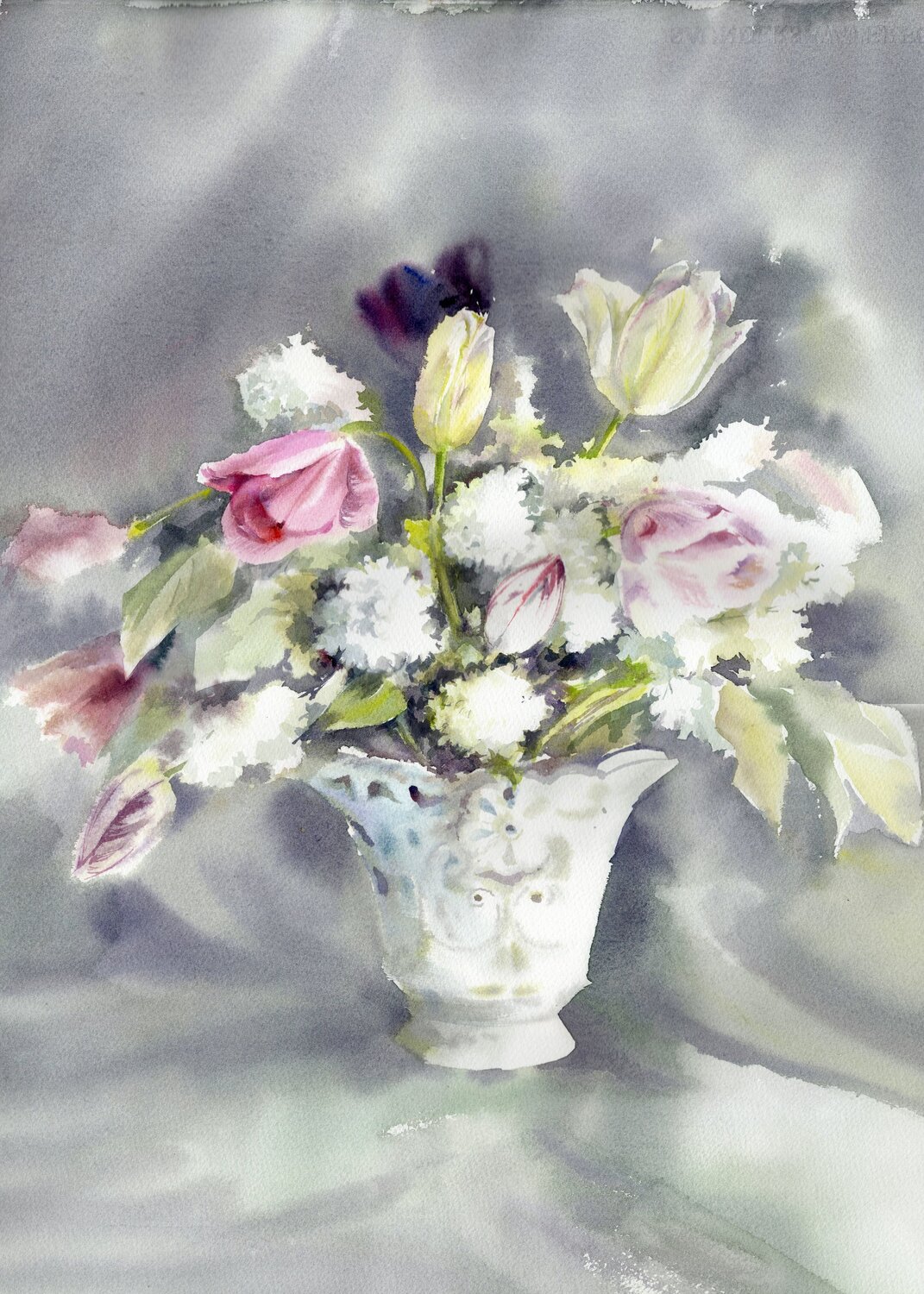 A lush bouquet of lilacs and tulips Alla Prisacar Originalgemälde zu verkaufen