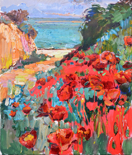 Poppies by the sea de andrii kutsachenko, Pintura a la venta en Singulart