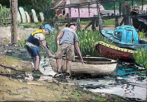 Two men with rowing boat by Peter Porteous-Butler, 油畫 for Sale on Singulart