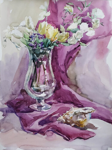 Yellow Tulips and a Seashell. van Oleg Danilyants, Werk op papier te koop op Singulart