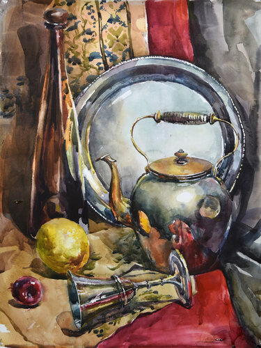 The Eastern Style Composition with Silver and Copper Utensils. van Oleg Danilyants, Werk op papier te koop op Singulart