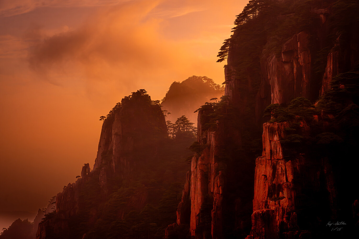Sunset Afterglow – Limited Edition 1 of 15, Yellow Mountain Landscape Photography Print – China Series Roy Gonthier Photography for sale