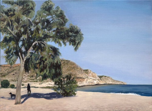 Man with Dog (Aguamarga) von Gerda Van Damme, Malerei kaufen auf Singulart