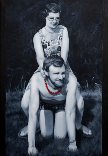 Woman Sitting on Man with Beaded Necklace von Gerda Van Damme, Malerei kaufen auf Singulart