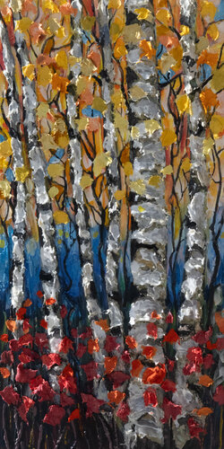 Golden Whispers Textured Aspen & Birch Forest Painting  Mixed Media Impasto van Lena Owens, Schilderij te koop op Singulart