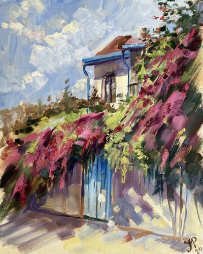 Old Cyprus village Lania in Blooming bougainvillea von Yulia Prykina, Malerei kaufen auf Singulart