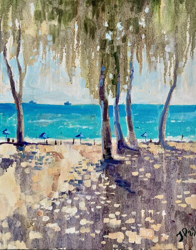 Eucalyptus trees and sea. Dasoudi Beach von Yulia Prykina, Malerei kaufen auf Singulart
