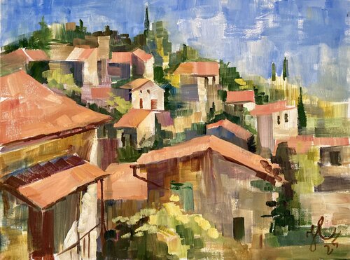 Red roofs of the old village Lofou von Yulia Prykina, Malerei kaufen auf Singulart