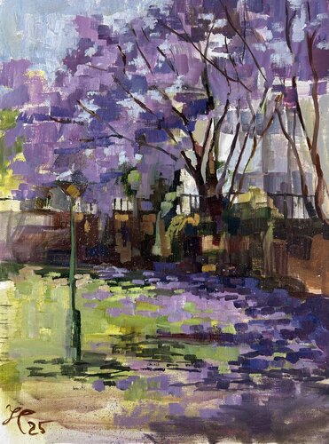 Jacaranda in bloom in Limassol Central Park von Yulia Prykina, Malerei kaufen auf Singulart
