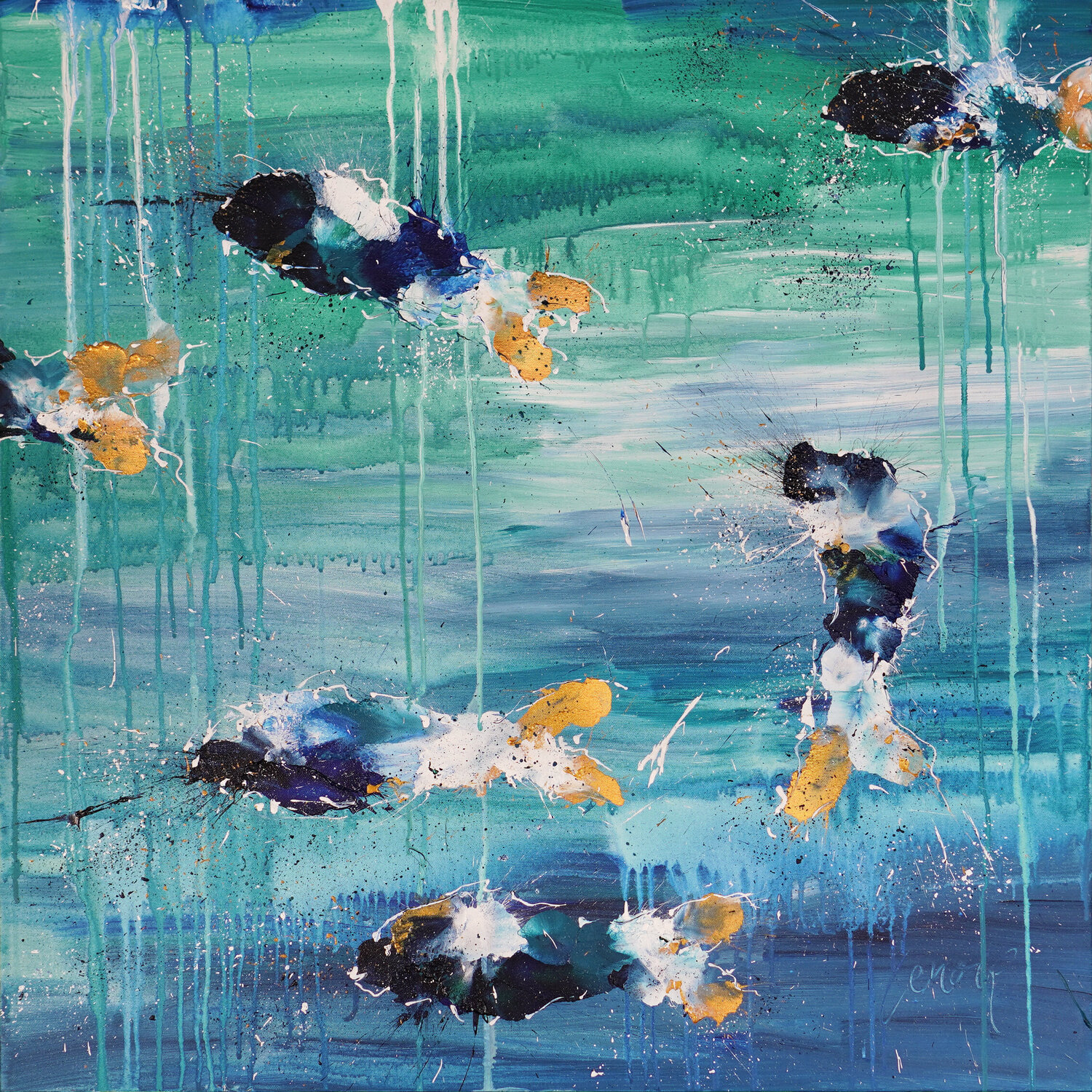 Gold-blue Fishes Dominique Lenoir Originalgemälde zu verkaufen