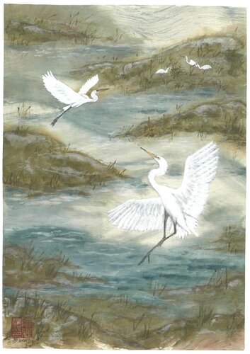 Egrets Dancing 2 di Arlo Mercia, Pittura in vendita su Singulart