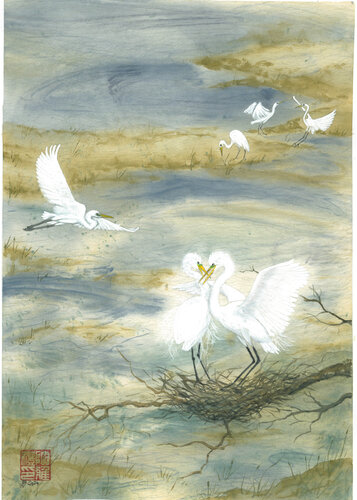 Nesting Egrets 1 di Arlo Mercia, Pittura in vendita su Singulart