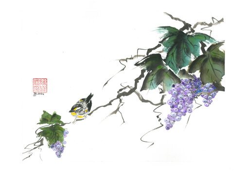 Striated Pardelote with Grapes on a Windy Day di Arlo Mercia, Pittura in vendita su Singulart
