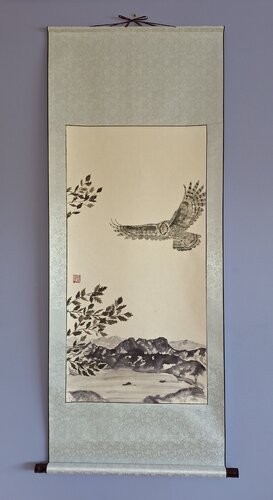 Owl with Celery Top Pine and Cradle Mountain, Tasmania - Silk Scroll by Arlo Mercia, Painting for Sale on Singulart