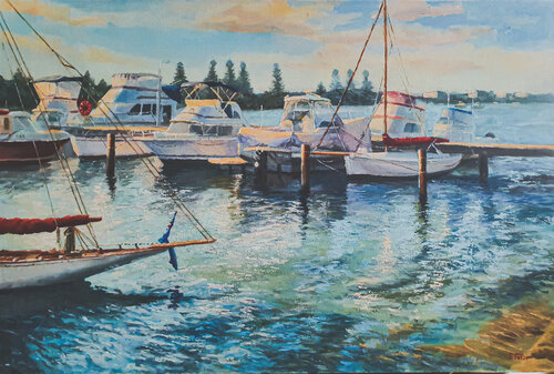 Boats in harbor van Tetyana Soboleva, Schilderij te koop op Singulart