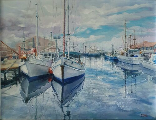 Boats in harbor van Tetyana Soboleva, Schilderij te koop op Singulart