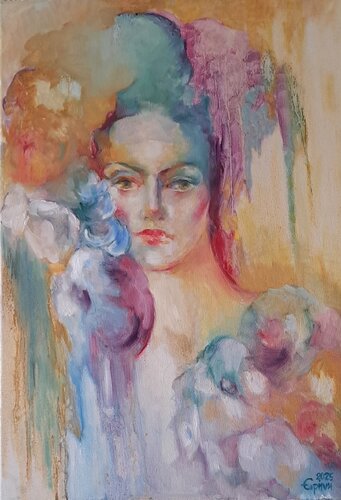fille en pleine floraison van Eirini Riga, Schilderij te koop op Singulart