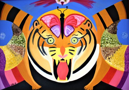 Tigre de Bengala, mariposa y lechuza. by Gustavo de Leon, Painting for Sale on Singulart