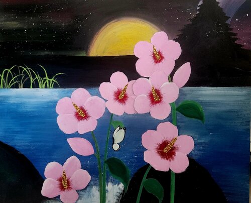 Korea Sharon flower in night by Jinkyeong An, Painting for Sale on Singulart