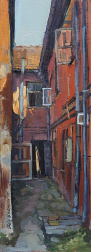 In The Courtyard. Kuldiga. Latvia van Zoja Golubeva, Schilderij te koop op Singulart