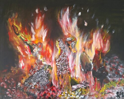 Lagerfeuer am Rhein van Bernd Stephanny, Schilderij te koop op Singulart